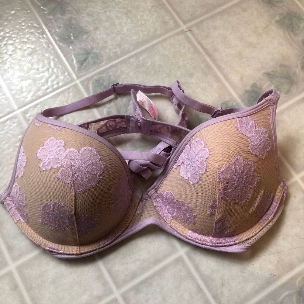 Victoria's Secret PINK cage lightly lined semi Bra nude with pink lace overlay